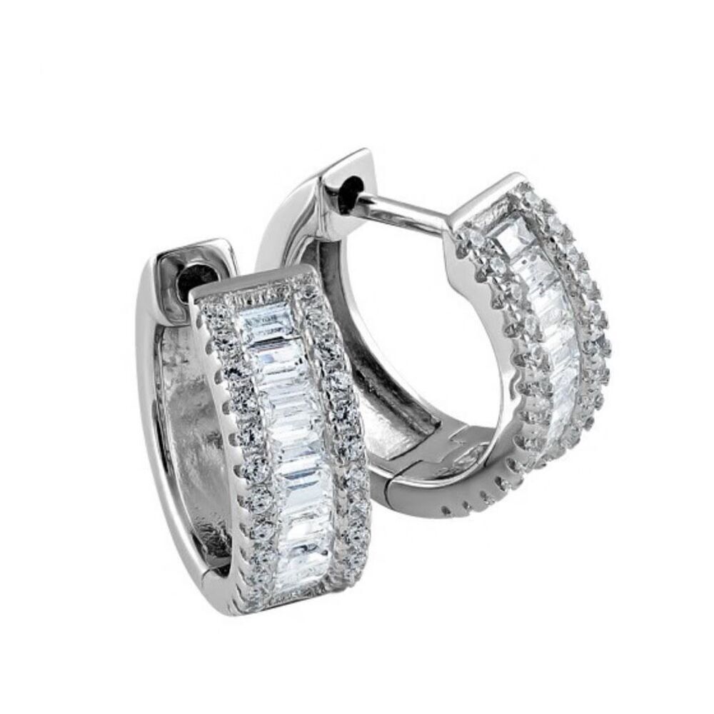 Solid Sterling Silver Clear Baguette CZ Hoop Dainty Huggie Earrings New